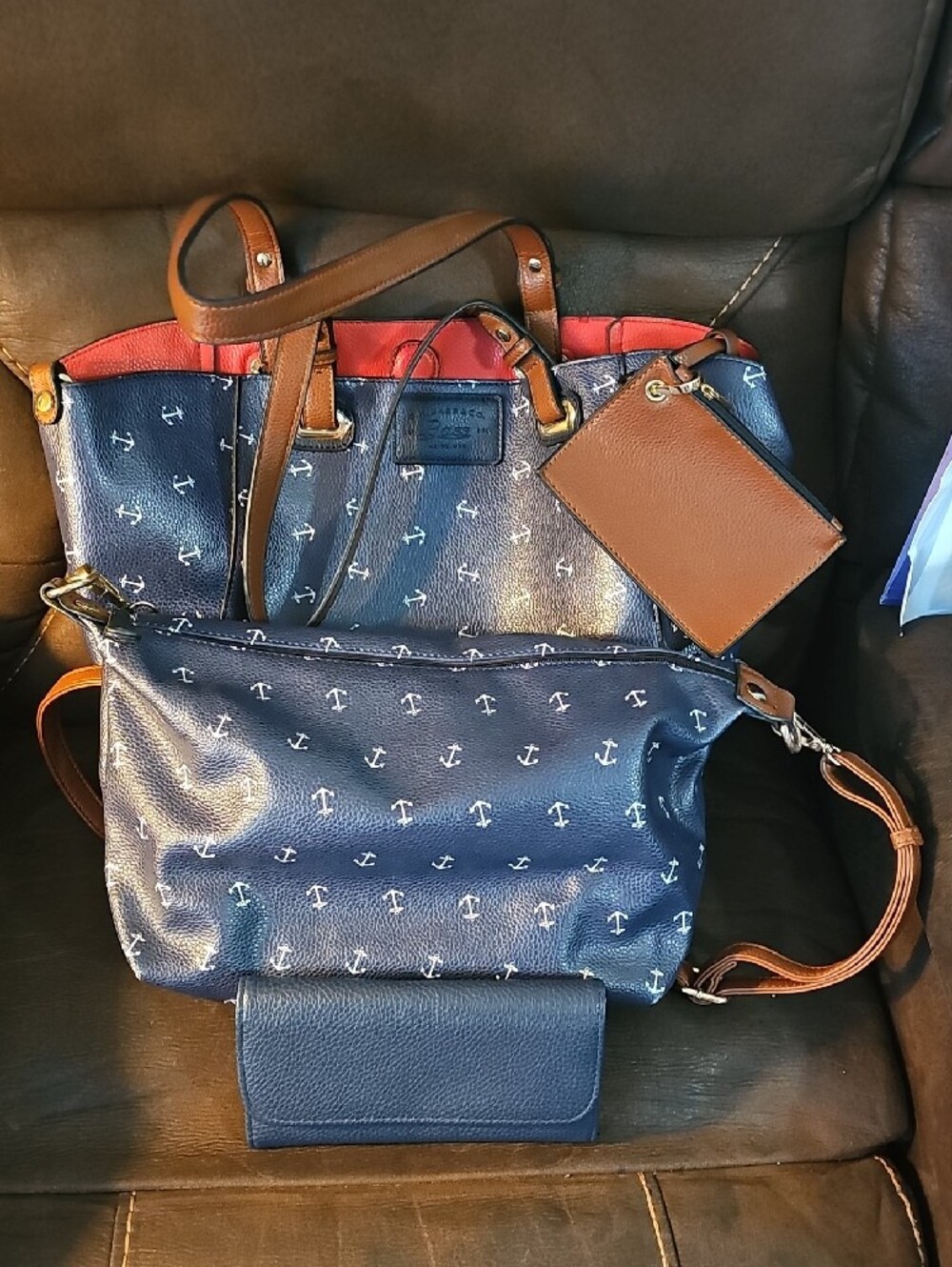 G.H. Bass & Co. Navy Anchor Tote with Brown Straps and Red Trim